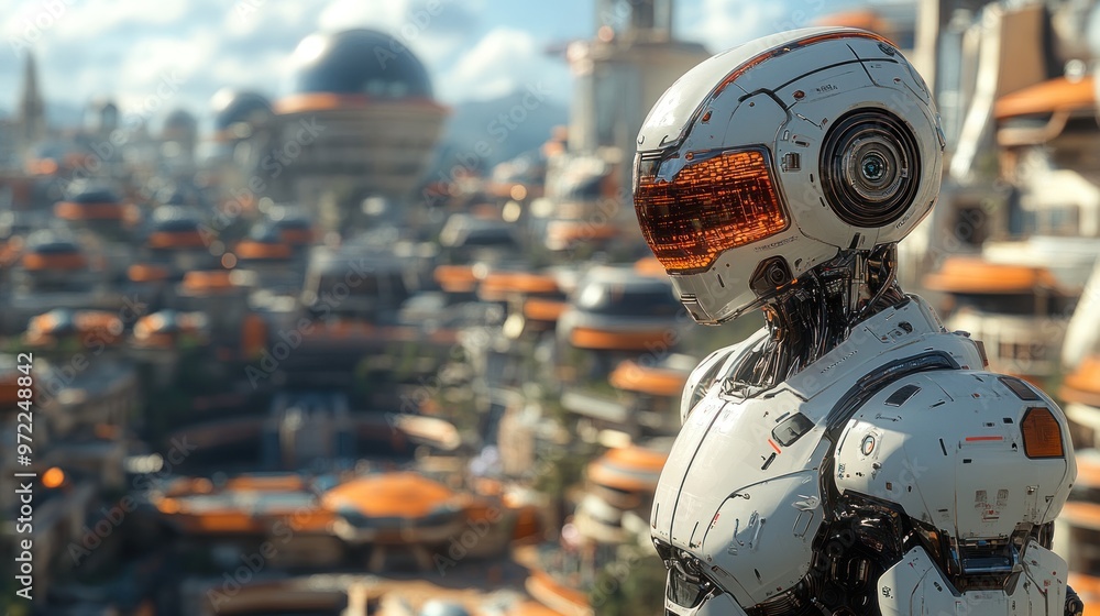 A futuristic robot overlooking a vibrant cityscape. A futuristic robot overlooking a vibrant cityscape.