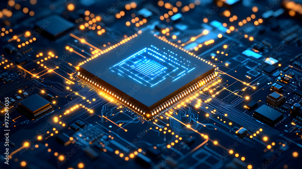 A 3D Render of a Microchip Glowing Blue with Yellow Circuitry, Illustrating the Complex Network of a Digital System A 3D Render of a Microchip Glowing Blue with Yellow Circuitry, Illustrating the Complex Network of a Digital System