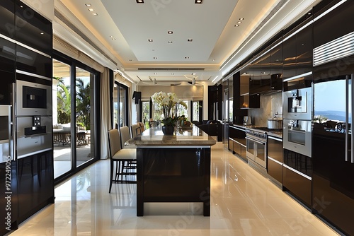 Modern, sophisticated villa kitchen with sleek furniture and appliances.