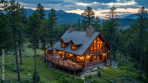 Illuminated Log Cabin nestled in a Mountain Forest at Twilight