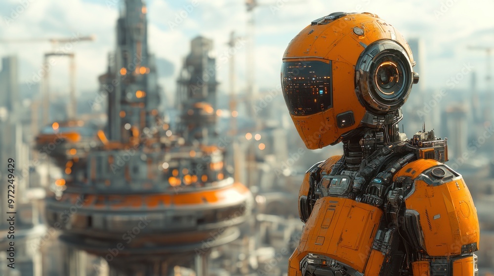 A futuristic robot overlooking a high-tech cityscape.