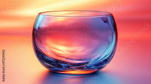 A glass goblet sits on a table reflecting colorful hues.