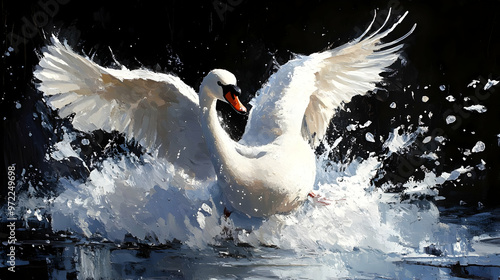 Fototapeta Naklejka Na Ścianę i Meble -  White Swan Taking Flight in Water Splash