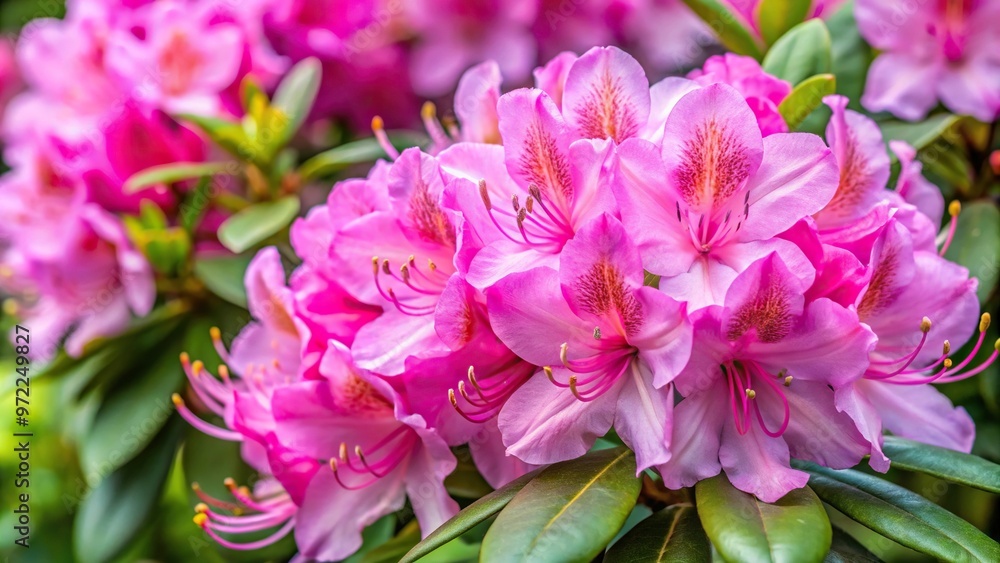 Close up of blooming pink rhododendron flowers with stamens and leaves in springtime Close up of blooming pink rhododendron flowers with stamens and leaves in springtime