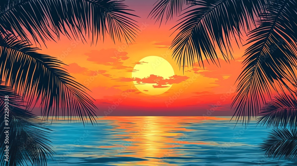 Obraz premium Sunset over a tropical ocean with palm trees in the foreground.