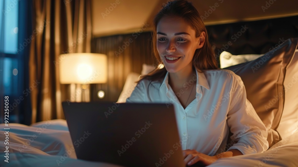 A person sitting on a bed with a laptop, possibly working or browsing A person sitting on a bed with a laptop, possibly working or browsing