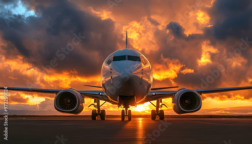 Airplane on the runway at sunset.