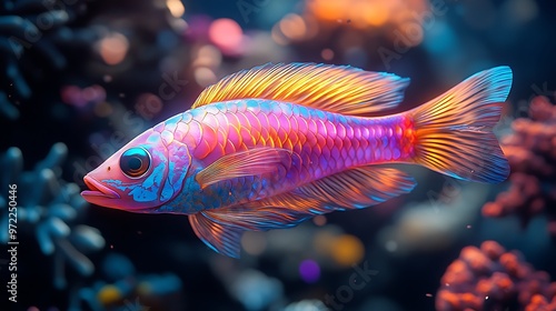 Vibrant underwater scene featuring a colorful fish among corals.