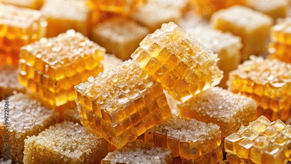 Close up of honey with large sugar crystals under microscope Close up of honey with large sugar crystals under microscope