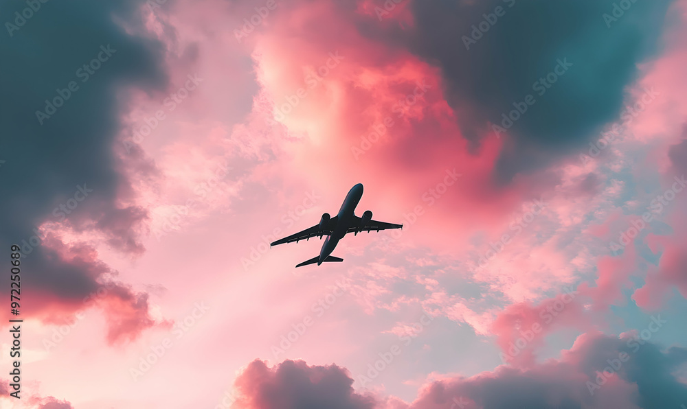 Silhouette of a commercial airplane flying through a pink and blue sky. Silhouette of a commercial airplane flying through a pink and blue sky.