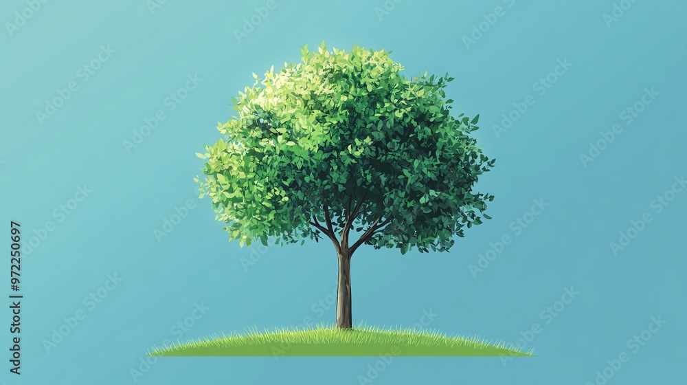 Single tree with lush green leaves on a blue sky background. Single tree with lush green leaves on a blue sky background.