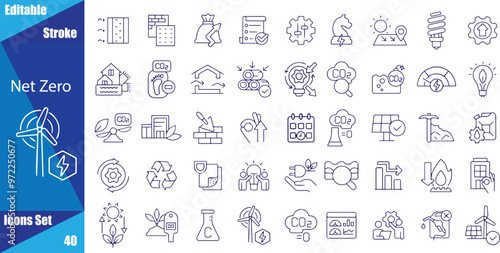  Net Zero line icons set. Net Zero outline icons with editable stroke collection. Includes Net Zero, Solar Energy, Wind Turbine, Carbon Footprint, Sustainability, and More.