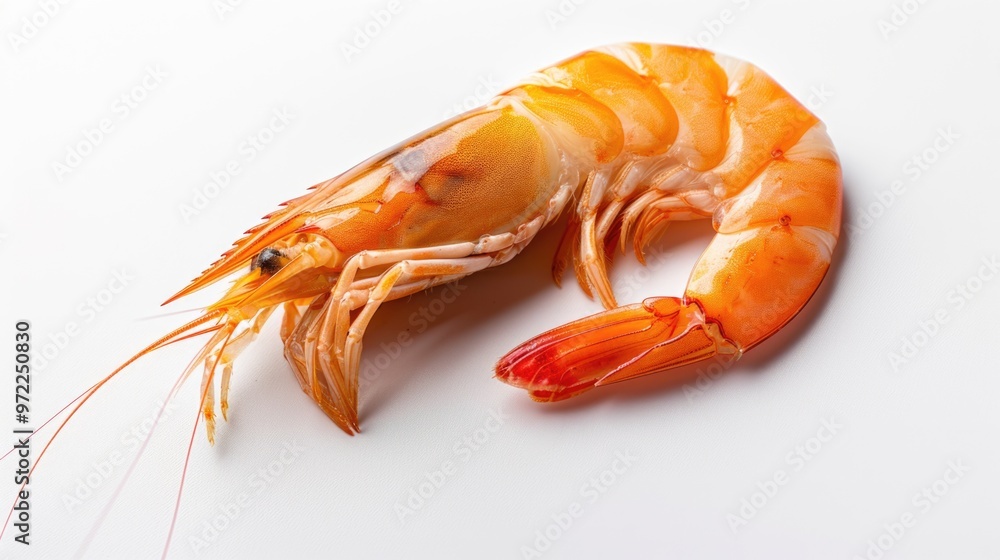 Close-up shot of a single shrimp sitting on a white surface Close-up shot of a single shrimp sitting on a white surface