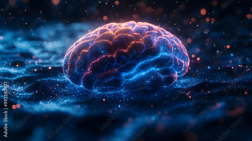 Abstract 3D Illustration of a Glowing Brain with Red and Blue Lights on a Dark Background Abstract 3D Illustration of a Glowing Brain with Red and Blue Lights on a Dark Background