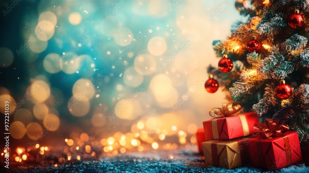 A festive Christmas tree adorned with red ornaments and lights, accompanied by wrapped gifts, set against a bokeh background conveying a warm holiday atmosphere. A festive Christmas tree adorned with red ornaments and lights, accompanied by wrapped gifts, set against a bokeh background conveying a warm holiday atmosphere.