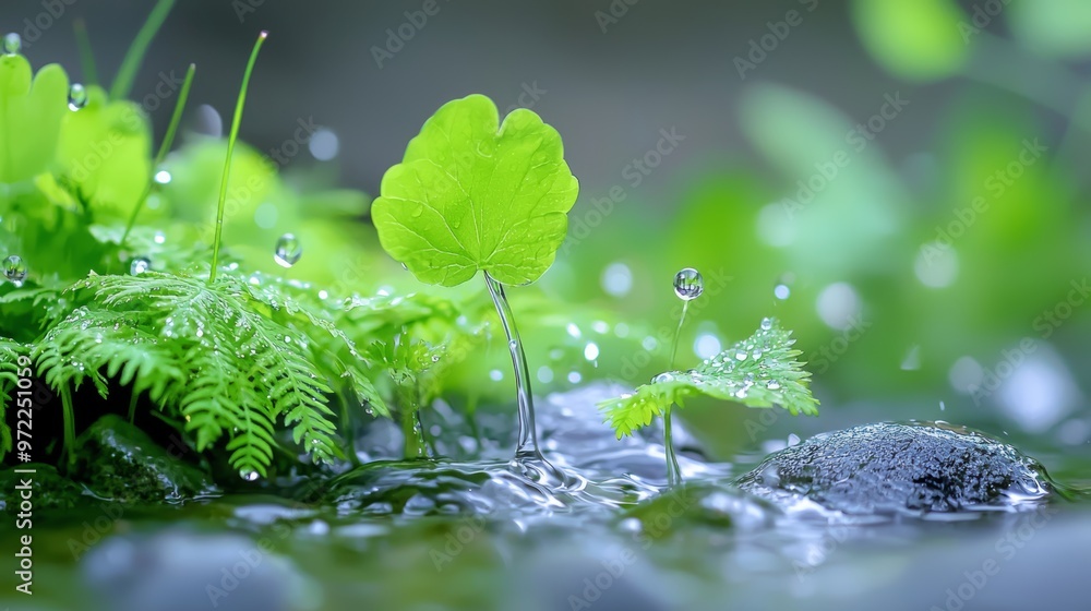 A sparkling stream trickling through a bed of small, vibrant green plants and delicate ferns, with water droplets clinging to the leaves in a fresh spring setting A sparkling stream trickling through a bed of small, vibrant green plants and delicate ferns, with water droplets clinging to the leaves in a fresh spring setting