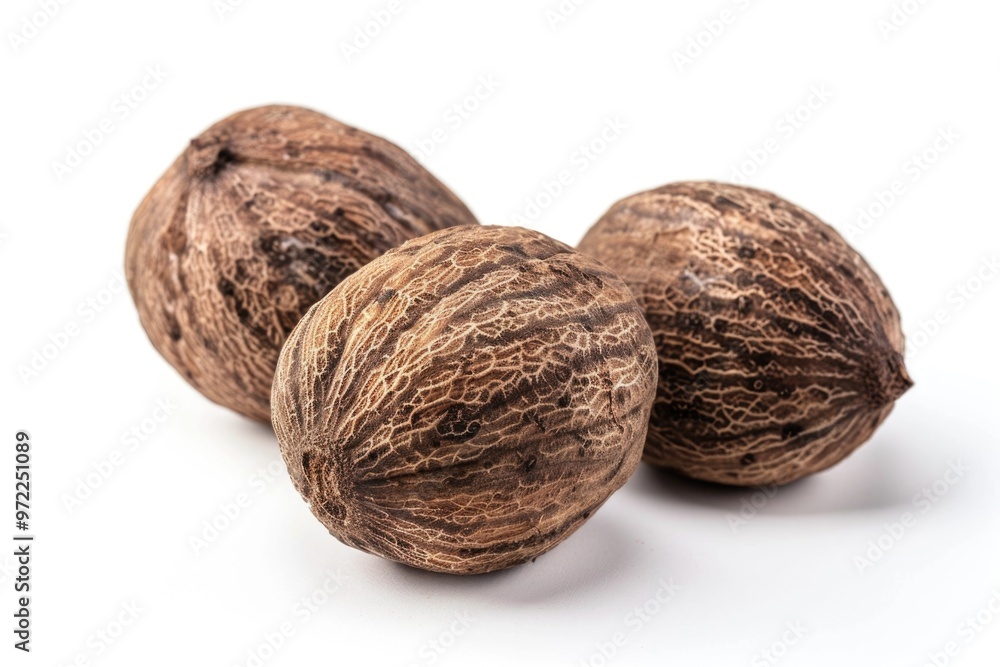 Close-up of three whole nut shells arranged on a white surface, ideal for use in food or nature photography Close-up of three whole nut shells arranged on a white surface, ideal for use in food or nature photography