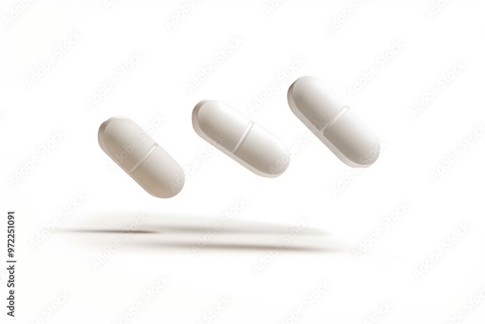 Three white pills suspended in mid-air, a creative representation of movement and flight Three white pills suspended in mid-air, a creative representation of movement and flight