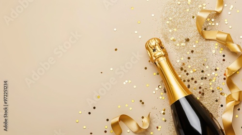 champagne bottle with golden ribbons and confetti on beige background