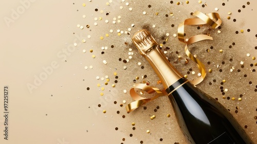 champagne bottle with golden ribbons and confetti on beige background
