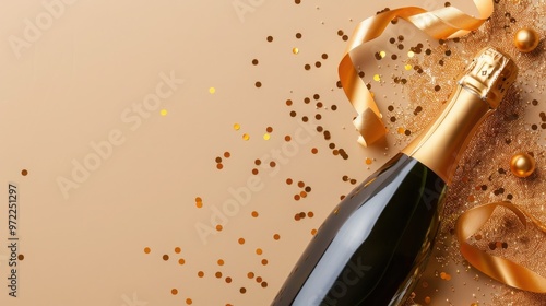 champagne bottle with golden ribbons and confetti on beige background