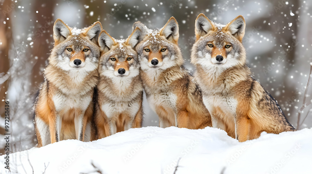 Naklejka premium Four Coyotes in Winter Snow