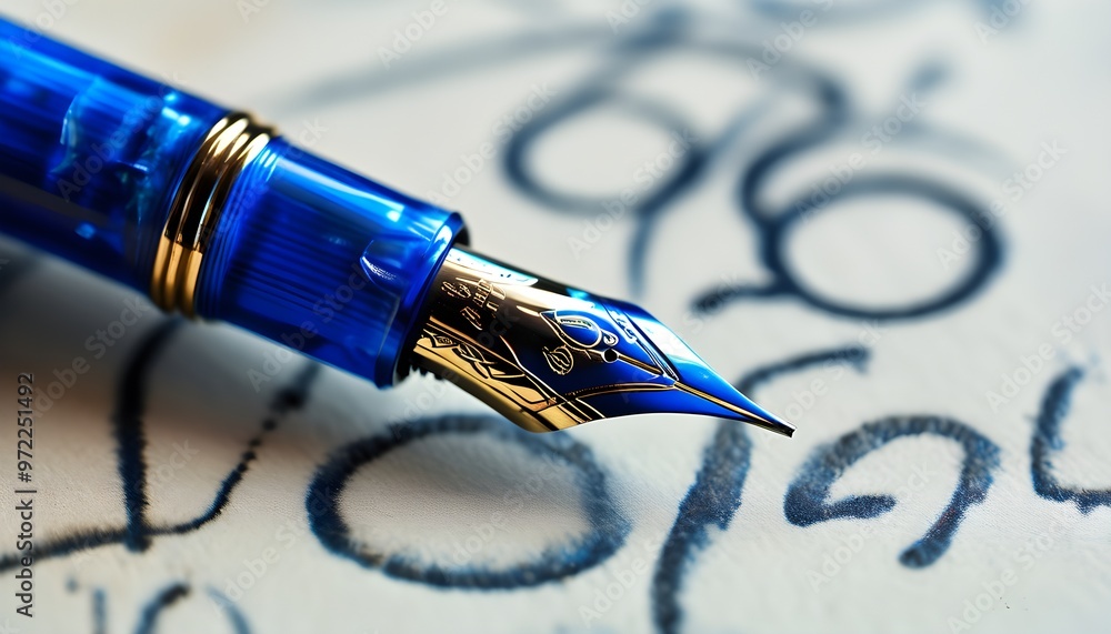 Elegant blue fountain pen nib elegantly gliding across crisp paper ...