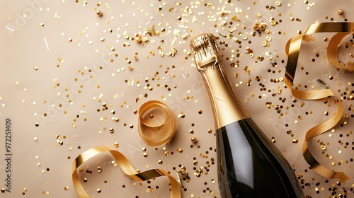 champagne bottle with golden ribbons and confetti on beige background