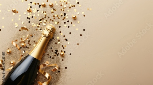 champagne bottle with golden ribbons and confetti on beige background