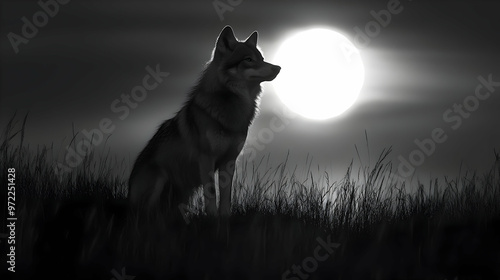 Wolf Silhouette in Grassy Field with Full Moon photo