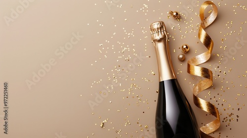 champagne bottle with golden ribbons and confetti on beige background