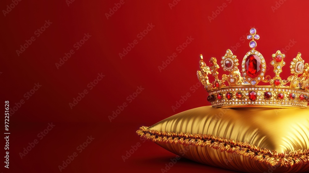 Obraz premium A golden crown adorned with jewels rests on a luxurious golden pillow against a red backdrop.