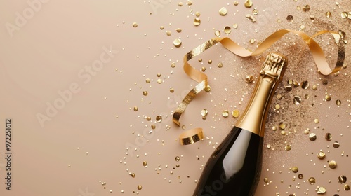 champagne bottle with golden ribbons and confetti on beige background