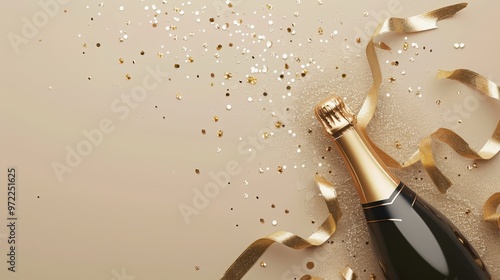 champagne bottle with golden ribbons and confetti on beige background