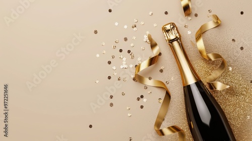 champagne bottle with golden ribbons and confetti on beige background