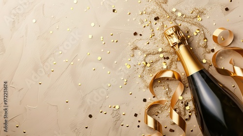 champagne bottle with golden ribbons and confetti on beige background