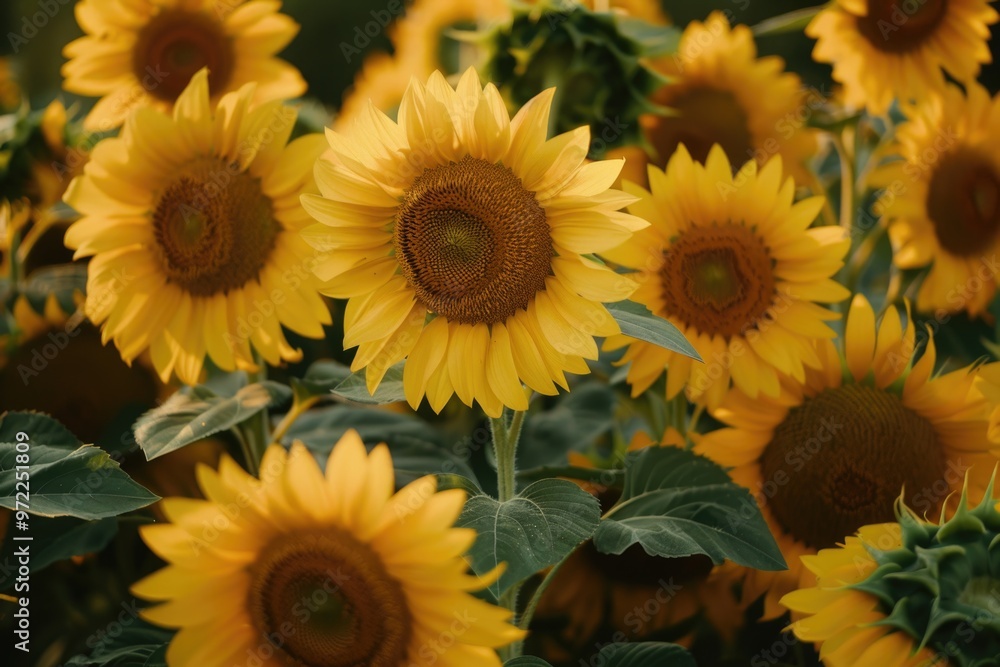 Fototapeta premium A vibrant field of yellow sunflowers with green leaves, perfect for use in agriculture, gardening, or nature-themed designs