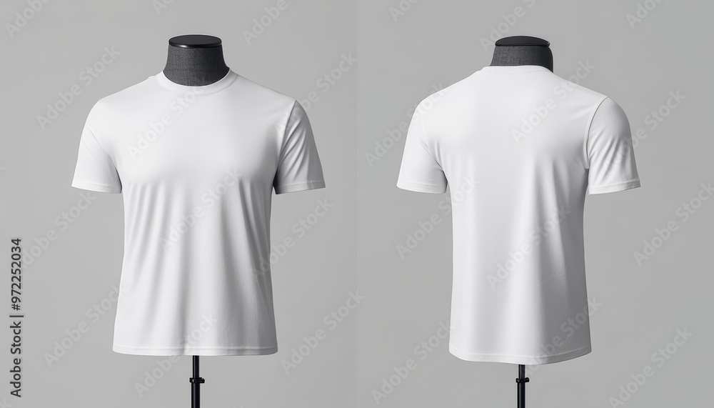 A plain white t-shirt mockup on a mannequin, showcasing the front view with clean lines and the rear view with subtle folds in the fabric A plain white t-shirt mockup on a mannequin, showcasing the front view with clean lines and the rear view with subtle folds in the fabric