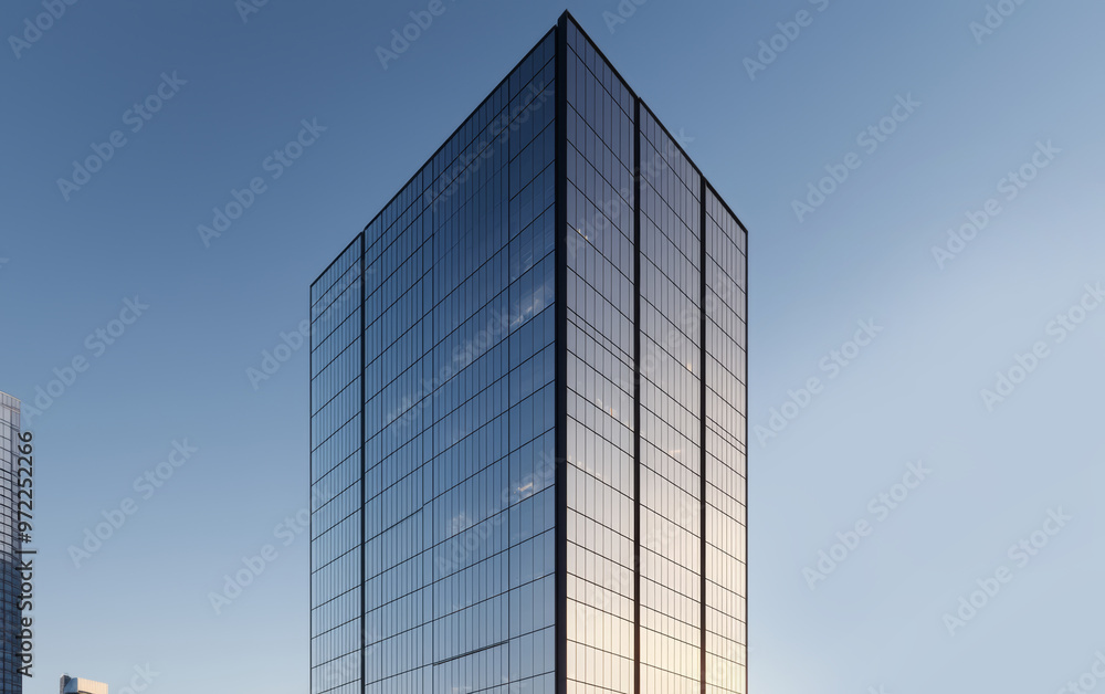 A reflective high-rise in the business district, its glass walls seamlessly blending into the surrounding skyline, creating a sleek, modern look