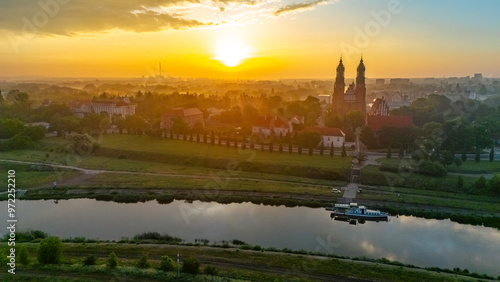 church on Tumsky Island in Poznań at dawn in the fog in spring in Poland