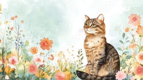 A watercolor painting of a tabby cat sitting in a field of flowers.