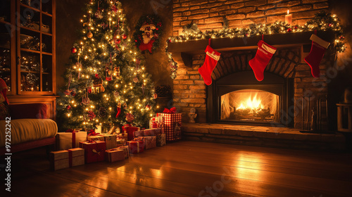 A Christmas tree adorned with decorations in a cozy, warm house.