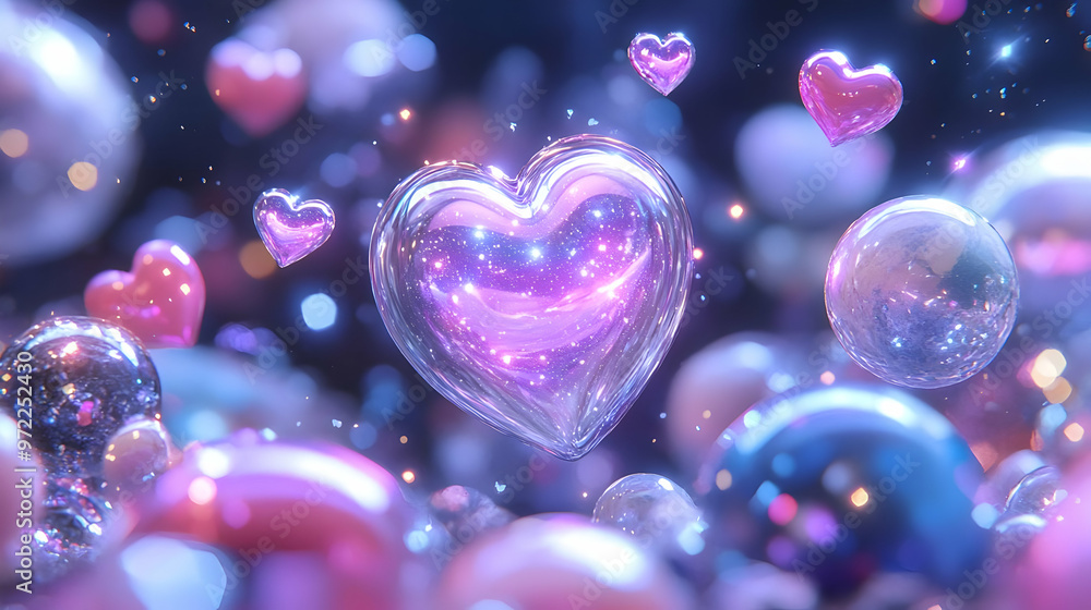 A 3D Rendered Abstract Background with Shiny Glass Hearts Floating in a Purple and Blue Atmosphere with a Bokeh Effect A 3D Rendered Abstract Background with Shiny Glass Hearts Floating in a Purple and Blue Atmosphere with a Bokeh Effect