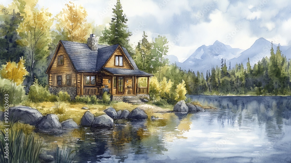 Obraz premium A watercolor painting of a cozy cabin by a lake in the mountains.