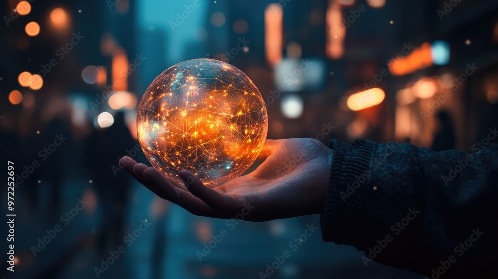 A hand holds a glowing orb in front of a blurred city background. The orb is filled with orange and yellow lights. A hand holds a glowing orb in front of a blurred city background. The orb is filled with orange and yellow lights.