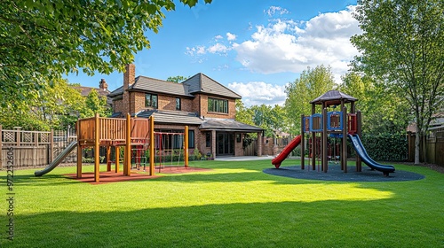 Backyard with a Brick House and Play Structures