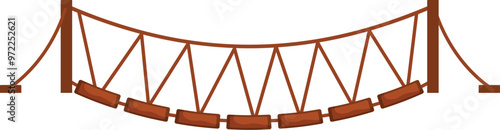 Cartoon wooden suspension bridge with ropes and planks hanging between two wooden poles