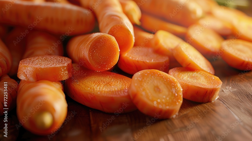 A pile of fresh carrots sits atop a wooden table, ready for use A pile of fresh carrots sits atop a wooden table, ready for use