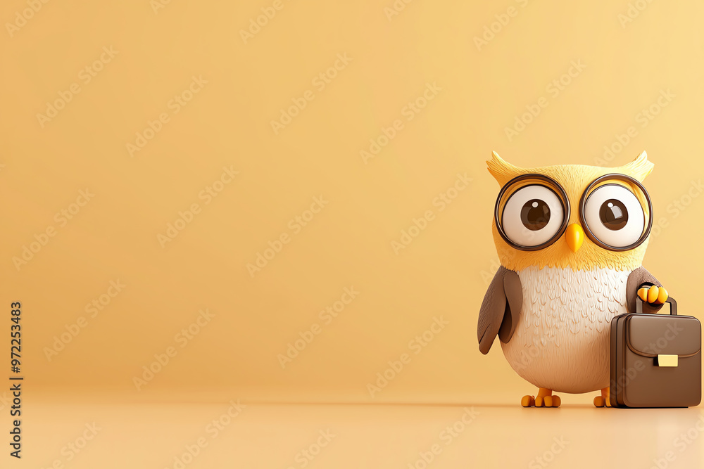 A charming cartoon owl holding a briefcase, set against a vibrant yellow background, perfect for playful business themes. A charming cartoon owl holding a briefcase, set against a vibrant yellow background, perfect for playful business themes.