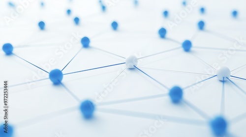 Abstract network with blue and white spheres interconnected by thin lines.